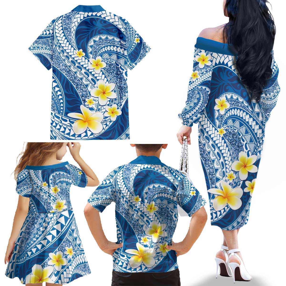 Plumeria Polynesian Blue Glitter Pattern Family Matching Off The Shoulder Long Sleeve Dress and Hawaiian Shirt