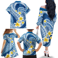 Plumeria Polynesian Blue Glitter Pattern Family Matching Off The Shoulder Long Sleeve Dress and Hawaiian Shirt