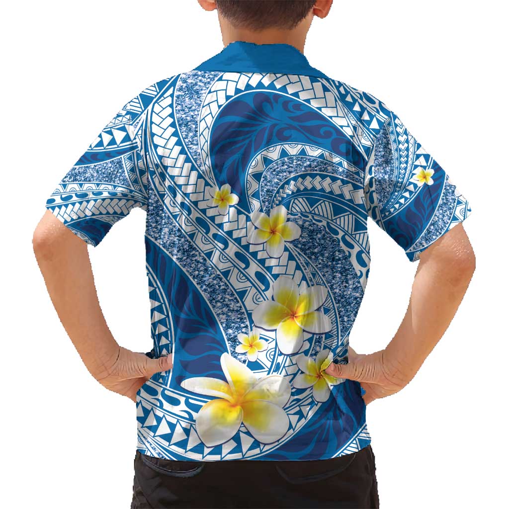 Plumeria Polynesian Blue Glitter Pattern Family Matching Off Shoulder Maxi Dress and Hawaiian Shirt