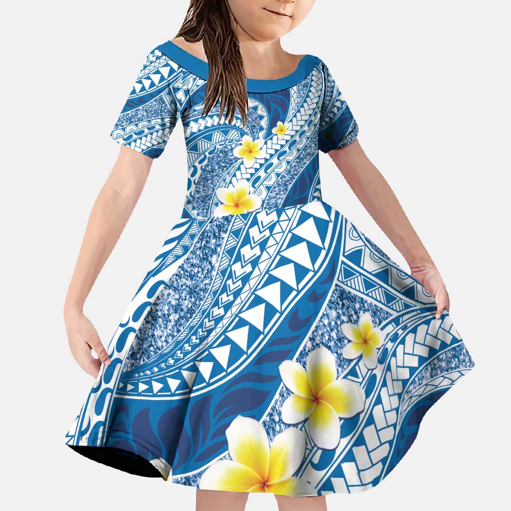 Plumeria Polynesian Blue Glitter Pattern Family Matching Off Shoulder Maxi Dress and Hawaiian Shirt