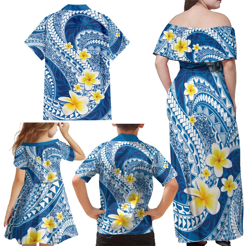 Plumeria Polynesian Blue Glitter Pattern Family Matching Off Shoulder Maxi Dress and Hawaiian Shirt