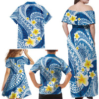 Plumeria Polynesian Blue Glitter Pattern Family Matching Off Shoulder Maxi Dress and Hawaiian Shirt