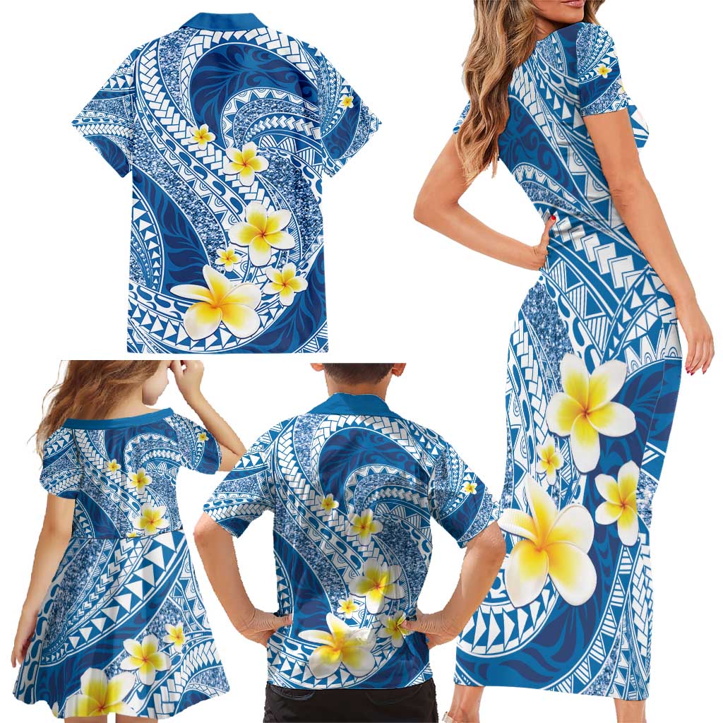 Plumeria Polynesian Blue Glitter Pattern Family Matching Short Sleeve Bodycon Dress and Hawaiian Shirt