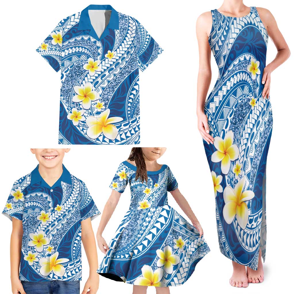 Plumeria Polynesian Blue Glitter Pattern Family Matching Tank Maxi Dress and Hawaiian Shirt