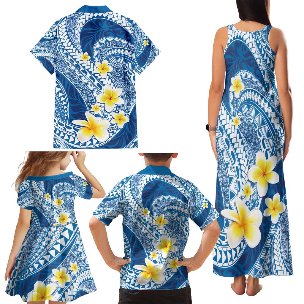 Plumeria Polynesian Blue Glitter Pattern Family Matching Tank Maxi Dress and Hawaiian Shirt