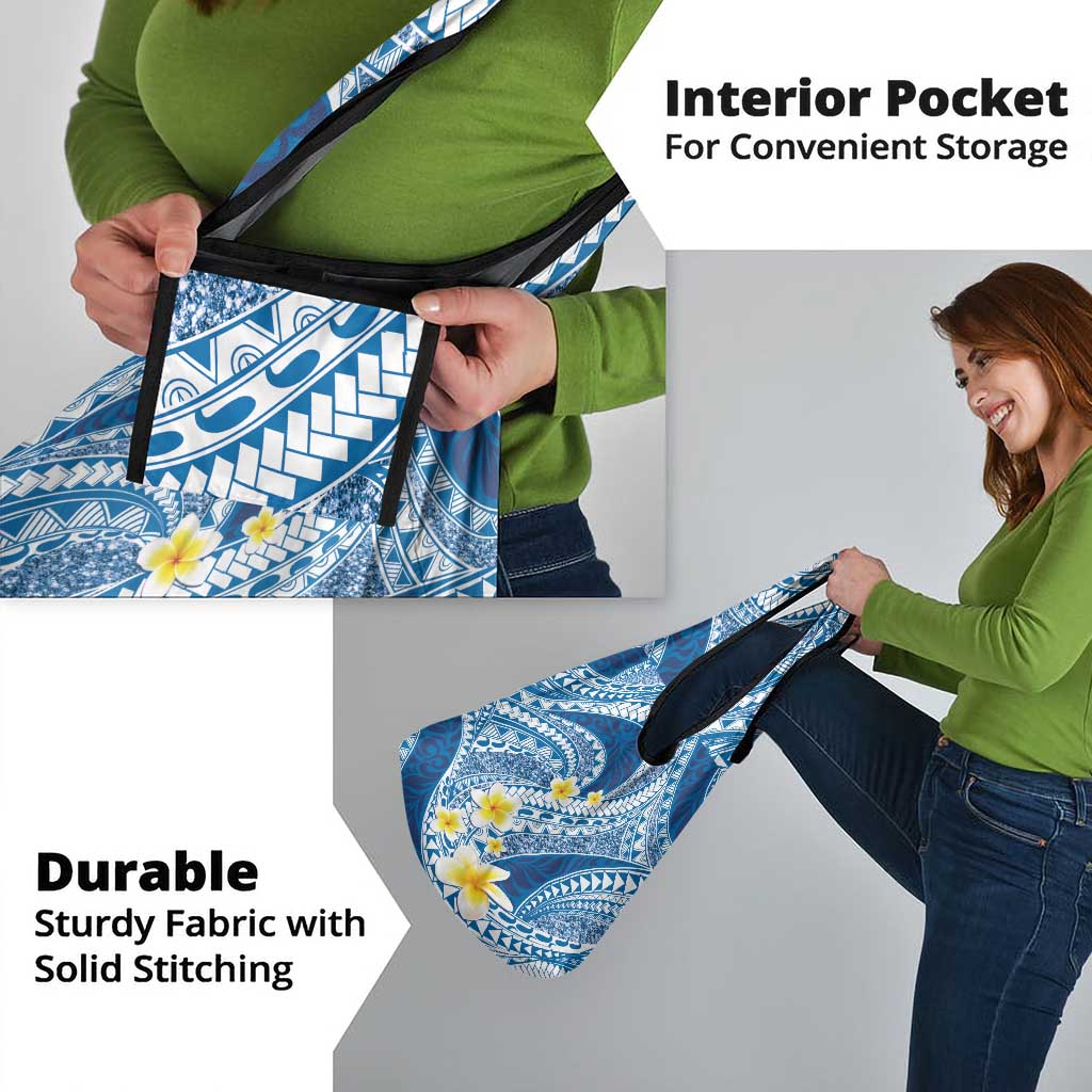 Plumeria Polynesian Blue Glitter Pattern Grocery Bag