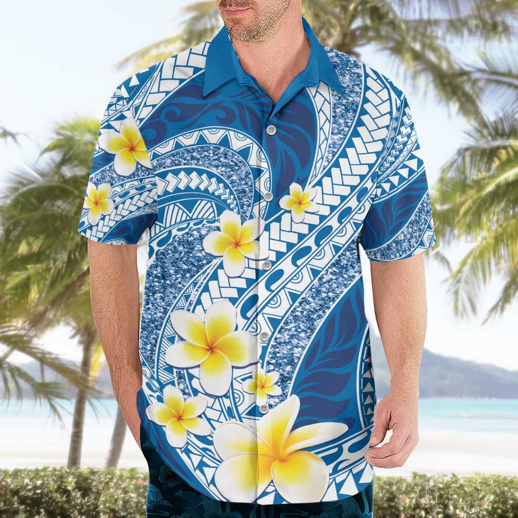 Plumeria Polynesian Blue Glitter Pattern Hawaiian Shirt
