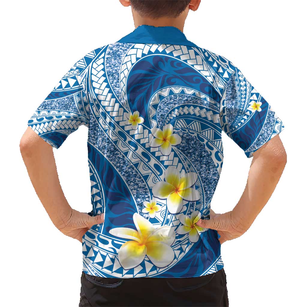 Plumeria Polynesian Blue Glitter Pattern Hawaiian Shirt