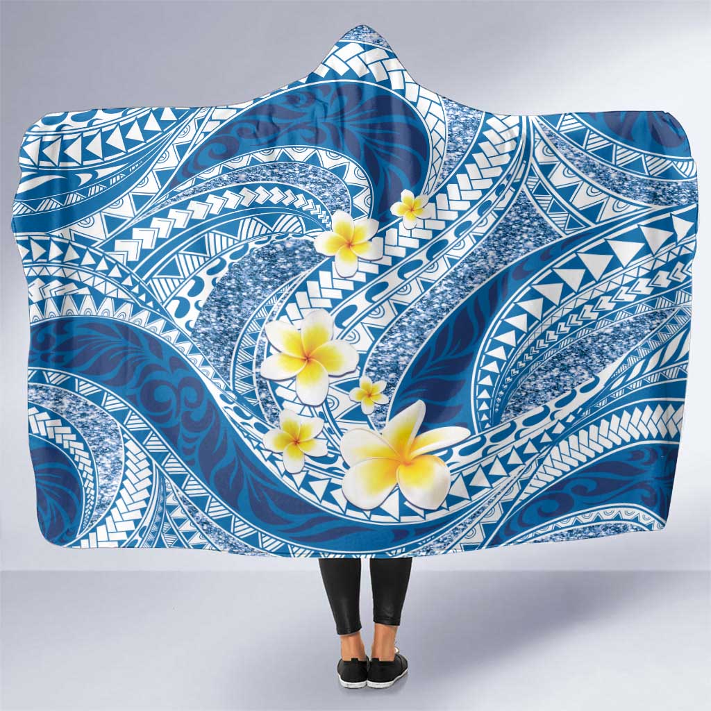 Plumeria Polynesian Blue Glitter Pattern Hooded Blanket LT01 One Size Blue - Polynesian Pride