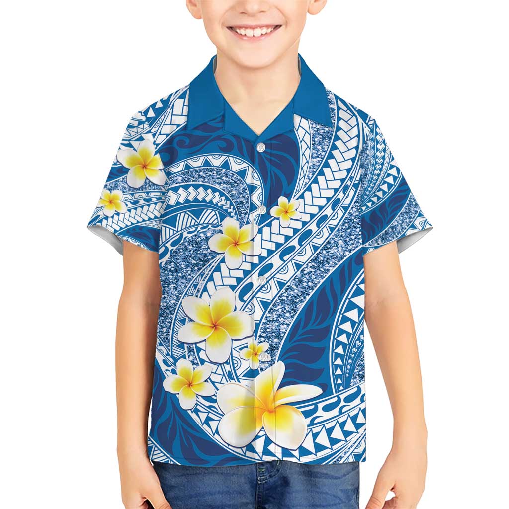 Plumeria Polynesian Blue Glitter Pattern Kid Hawaiian Shirt LT01 Kid Blue - Polynesian Pride