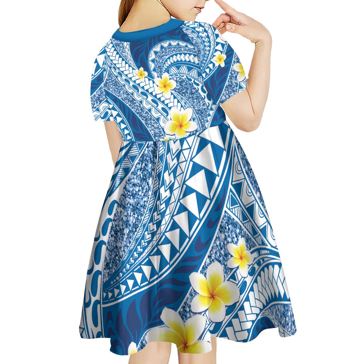 Plumeria Polynesian Blue Glitter Pattern Kid Short Sleeve Dress