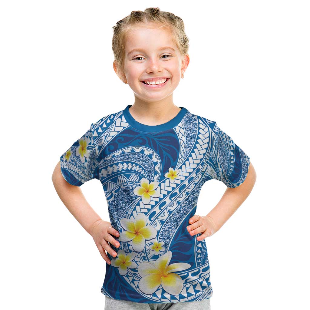 Plumeria Polynesian Blue Glitter Pattern Kid T Shirt LT01 Blue - Polynesian Pride