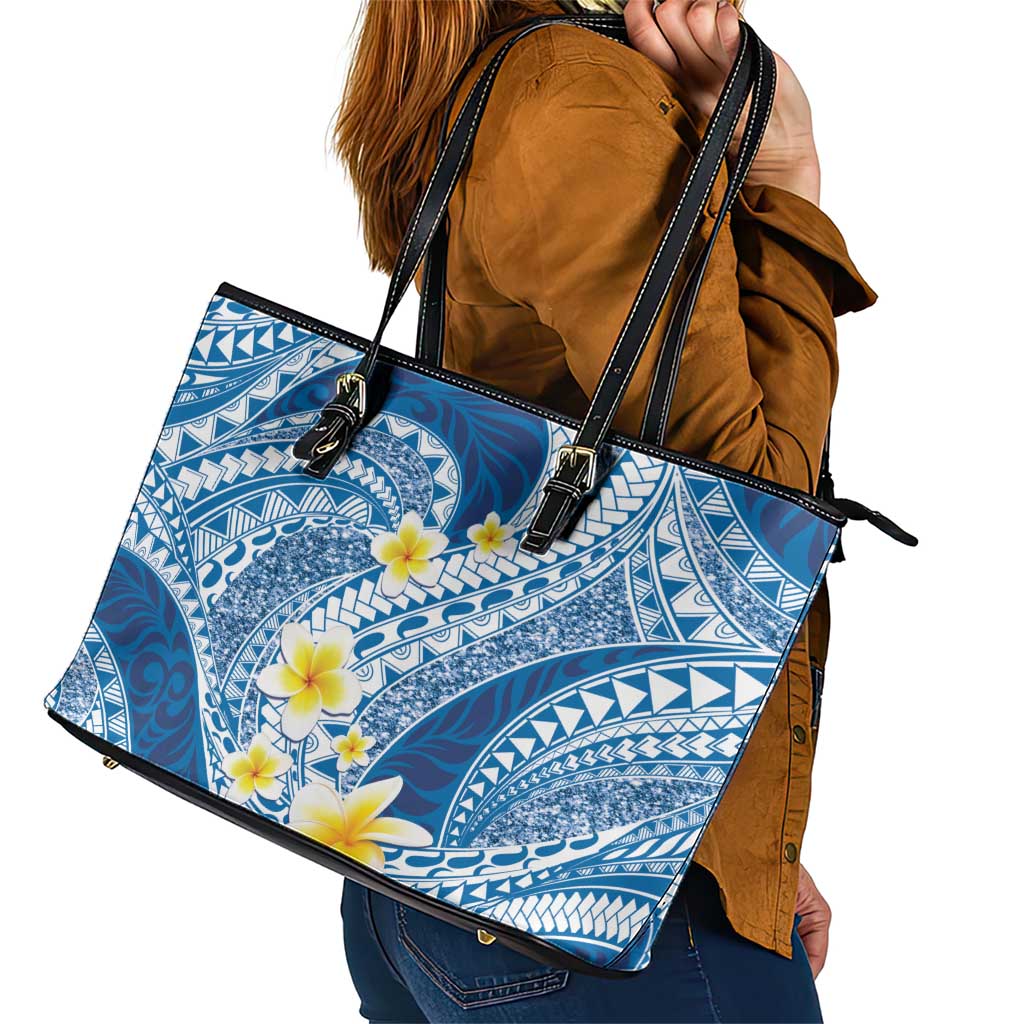 Plumeria Polynesian Blue Glitter Pattern Leather Tote Bag