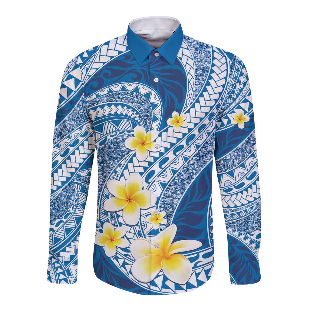 Plumeria Polynesian Blue Glitter Pattern Long Sleeve Button Shirt LT01 Unisex Blue - Polynesian Pride