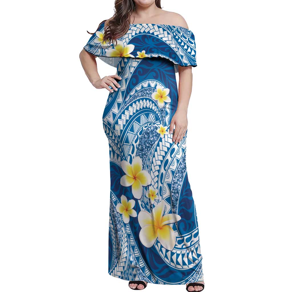 Plumeria Polynesian Blue Glitter Pattern Off Shoulder Maxi Dress