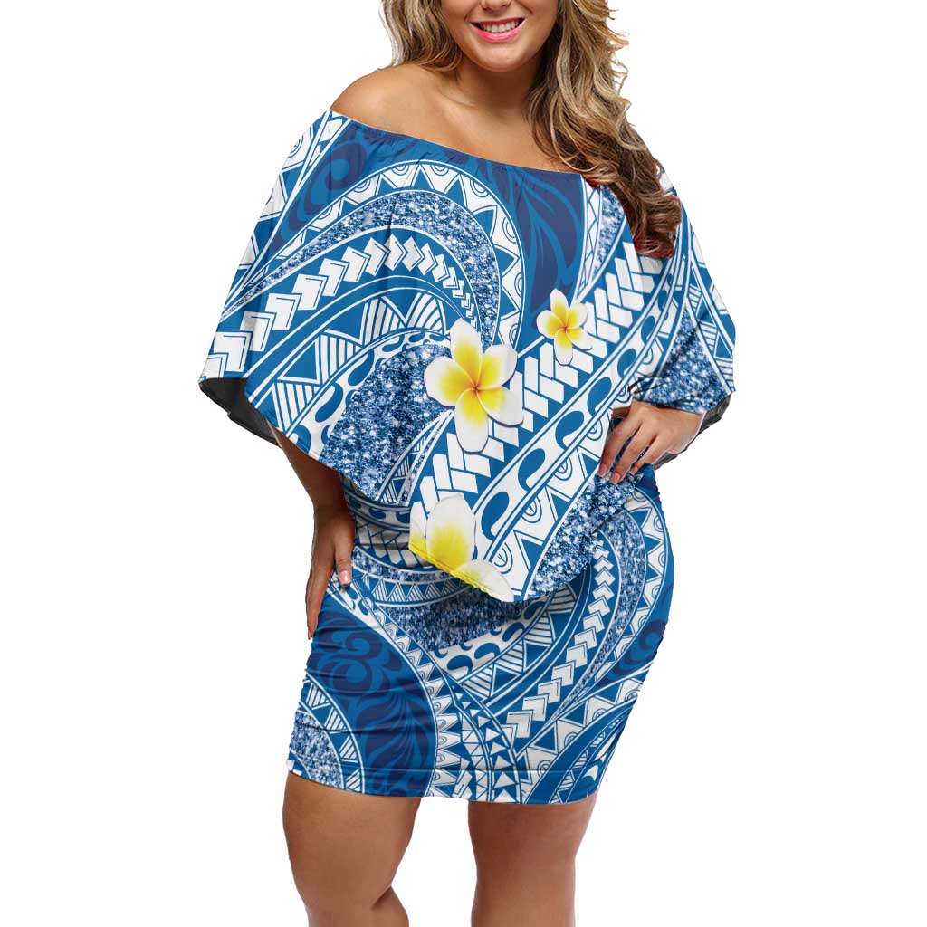Plumeria Polynesian Blue Glitter Pattern Off Shoulder Short Dress