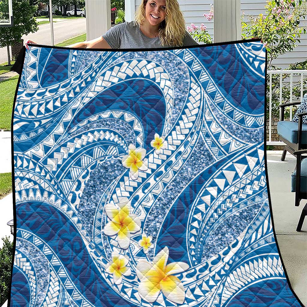 Plumeria Polynesian Blue Glitter Pattern Quilt LT01 Blue - Polynesian Pride