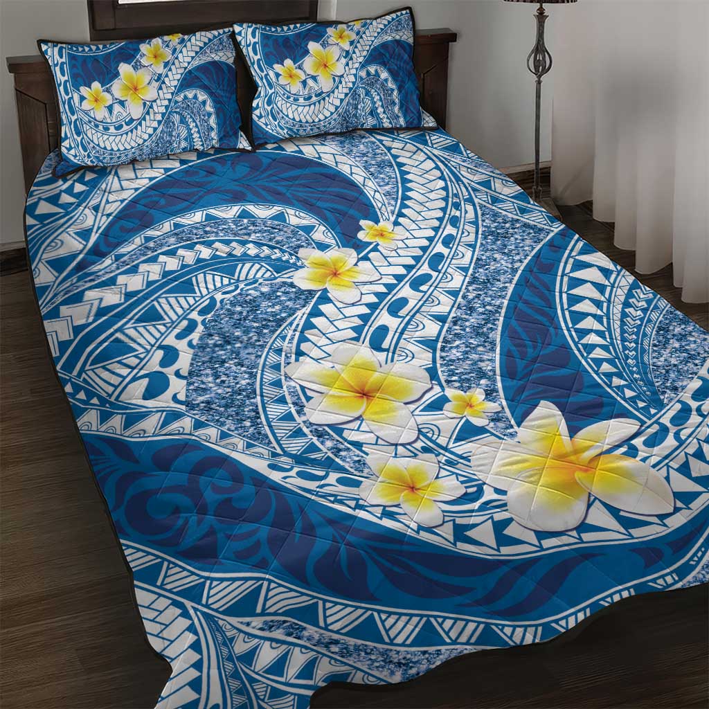 Plumeria Polynesian Blue Glitter Pattern Quilt Bed Set