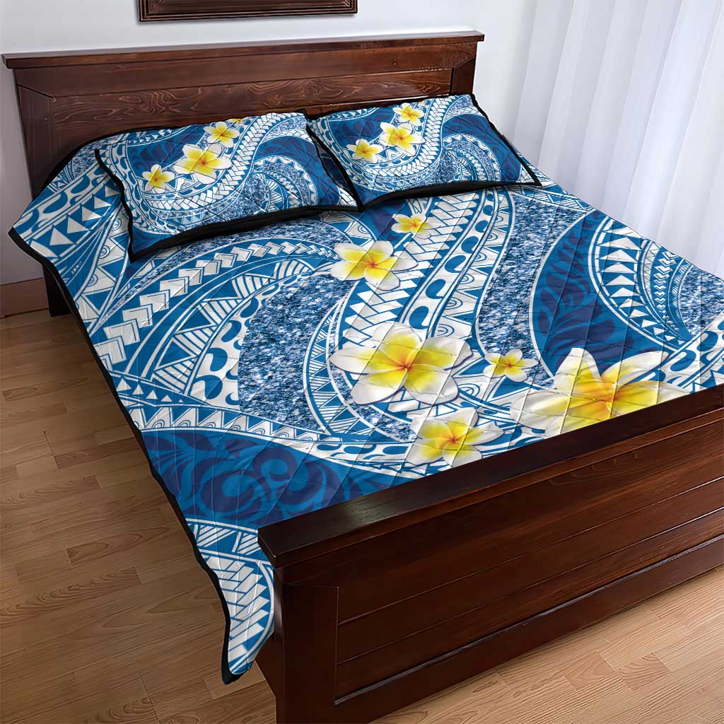 Plumeria Polynesian Blue Glitter Pattern Quilt Bed Set