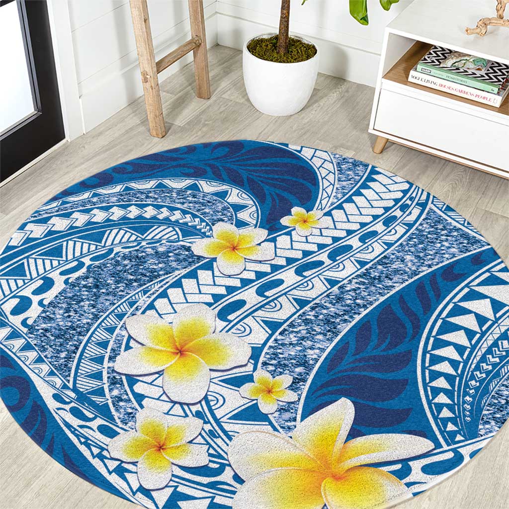 Plumeria Polynesian Blue Glitter Pattern Round Carpet LT01 Blue - Polynesian Pride