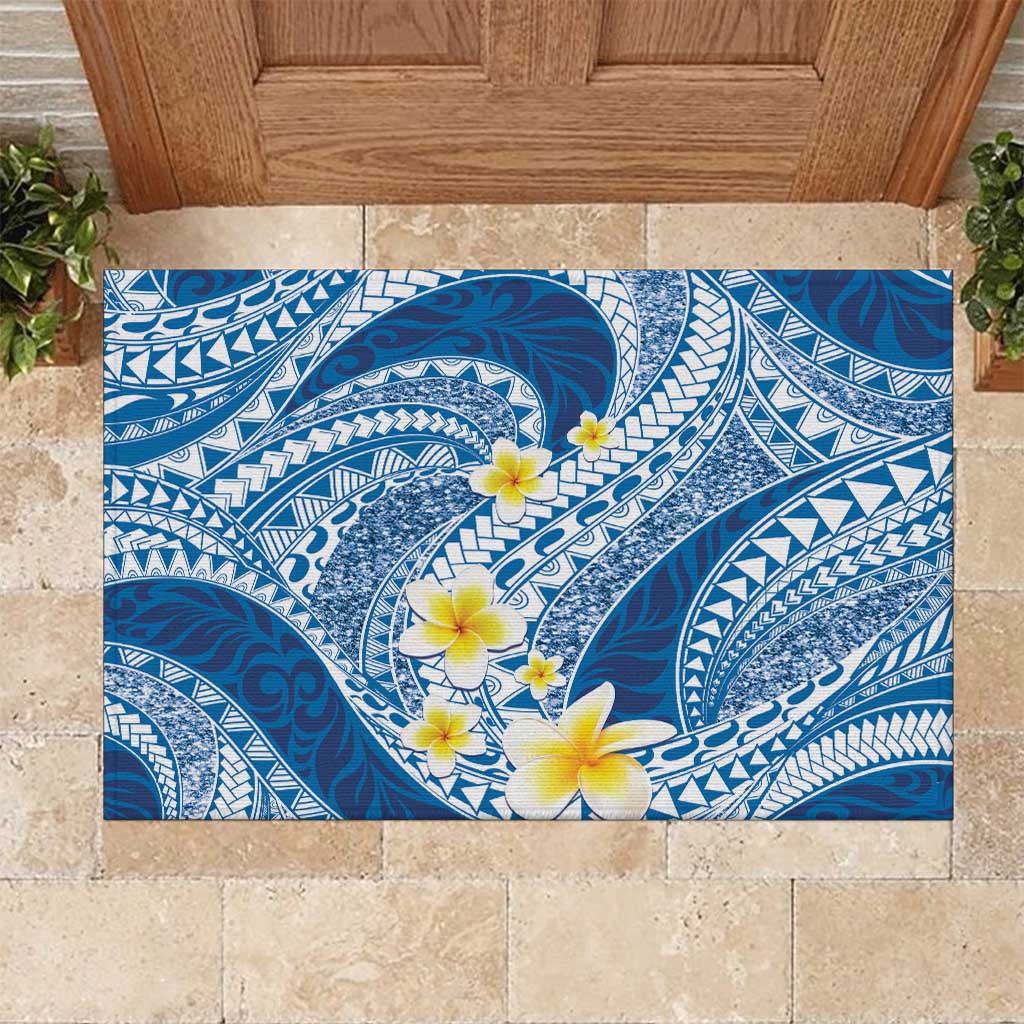 Plumeria Polynesian Blue Glitter Pattern Rubber Doormat LT01 Blue - Polynesian Pride