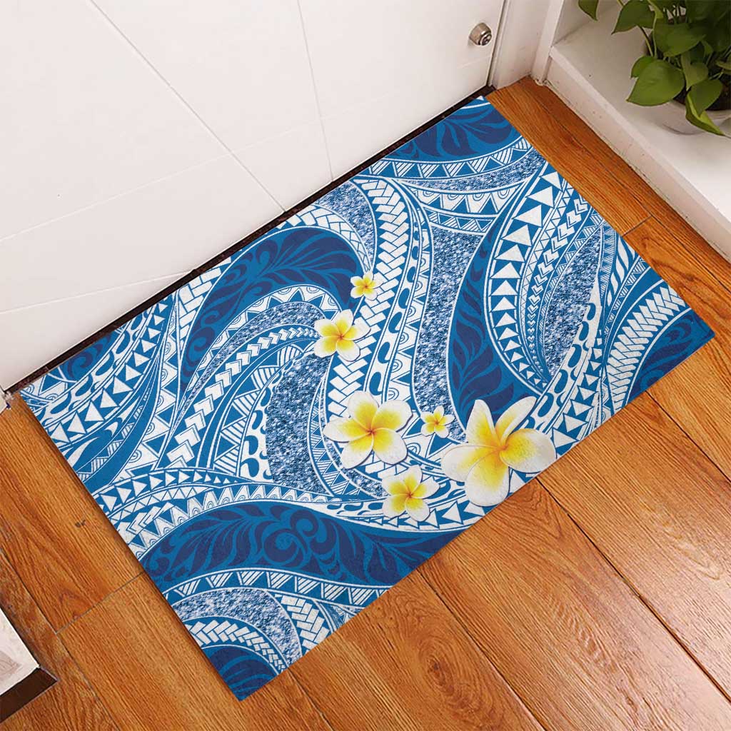 Plumeria Polynesian Blue Glitter Pattern Rubber Doormat