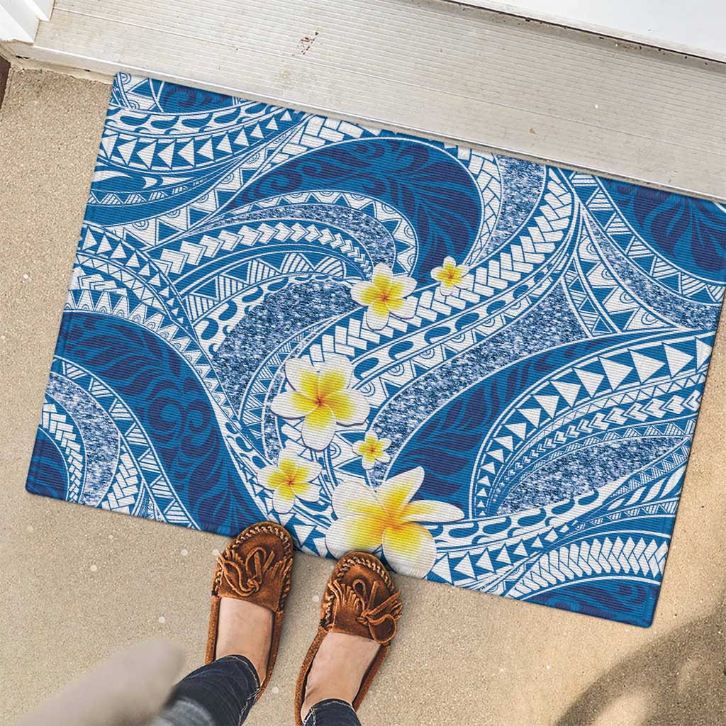 Plumeria Polynesian Blue Glitter Pattern Rubber Doormat