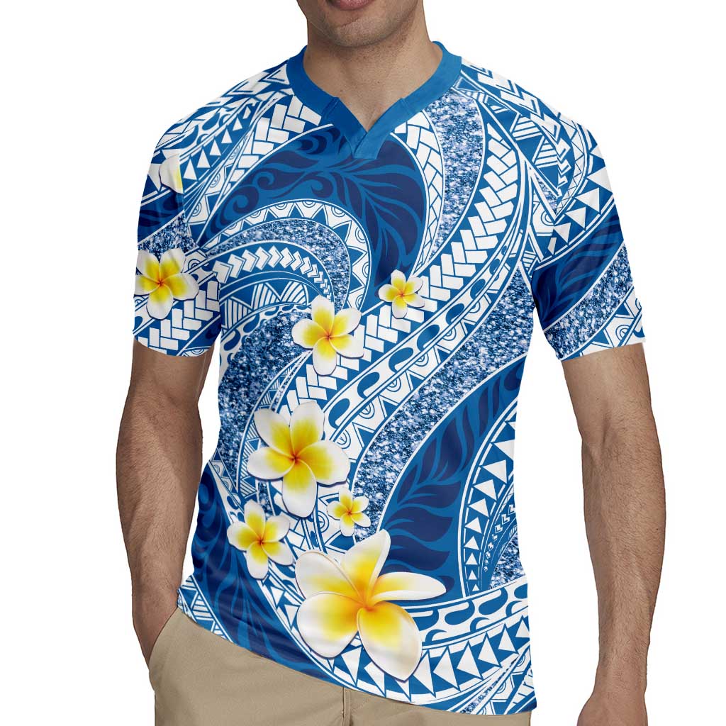 Plumeria Polynesian Blue Glitter Pattern Rugby Jersey