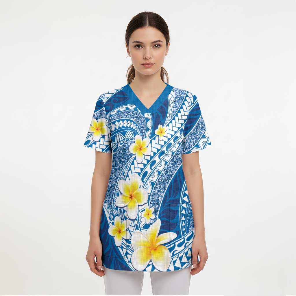 Plumeria Polynesian Blue Glitter Pattern Scrub Top - Polynesian Pride
