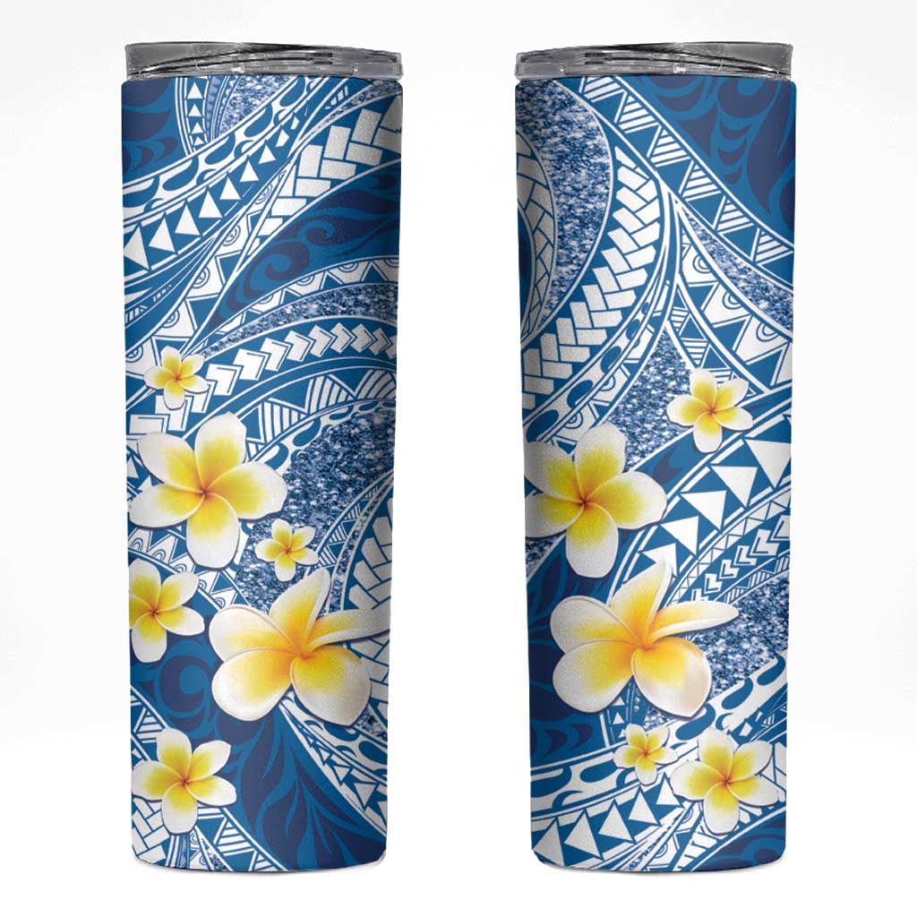 Plumeria Polynesian Blue Glitter Pattern Skinny Tumbler