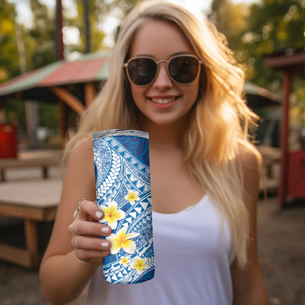 Plumeria Polynesian Blue Glitter Pattern Skinny Tumbler