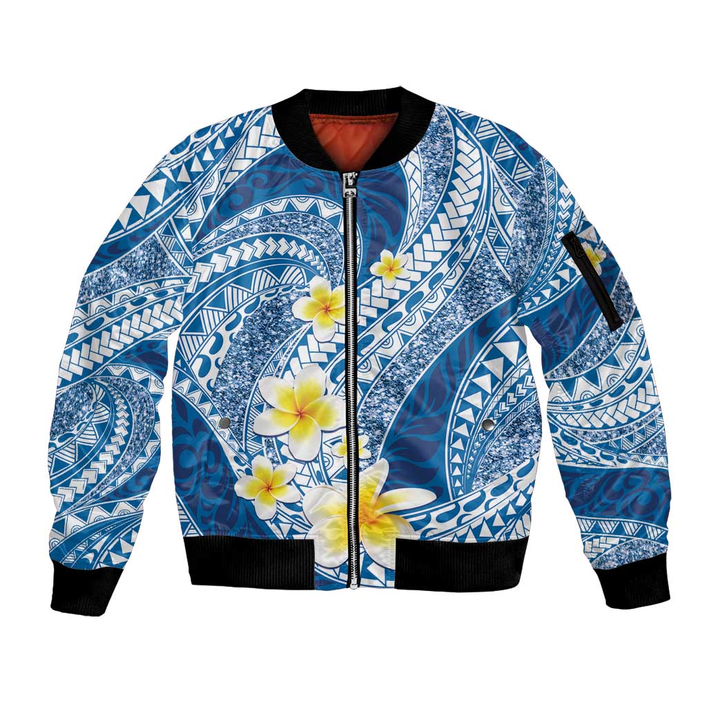 Plumeria Polynesian Blue Glitter Pattern Sleeve Zip Bomber Jacket