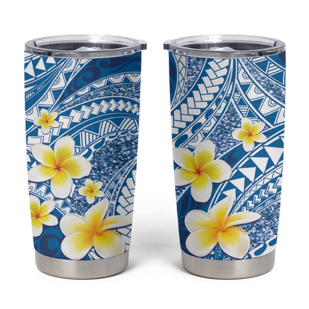 Plumeria Polynesian Blue Glitter Pattern Tumbler Cup