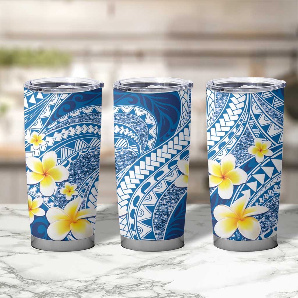 Plumeria Polynesian Blue Glitter Pattern Tumbler Cup