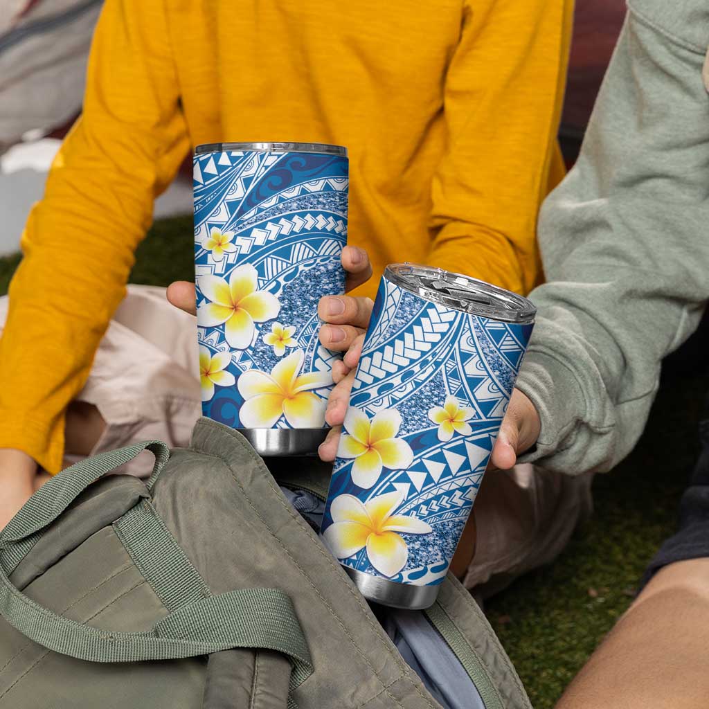 Plumeria Polynesian Blue Glitter Pattern Tumbler Cup