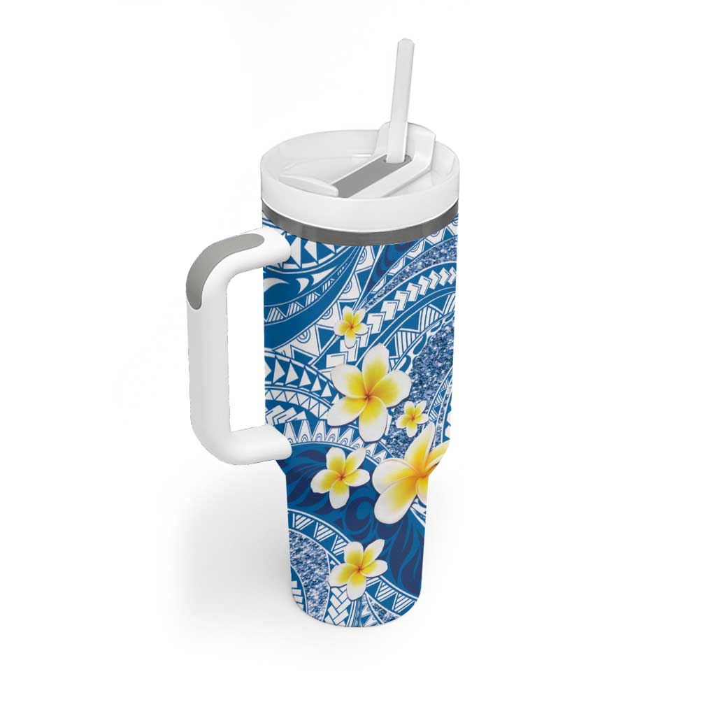 Plumeria Polynesian Blue Glitter Pattern Tumbler With Handle