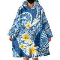 Plumeria Polynesian Blue Glitter Pattern Wearable Blanket Hoodie