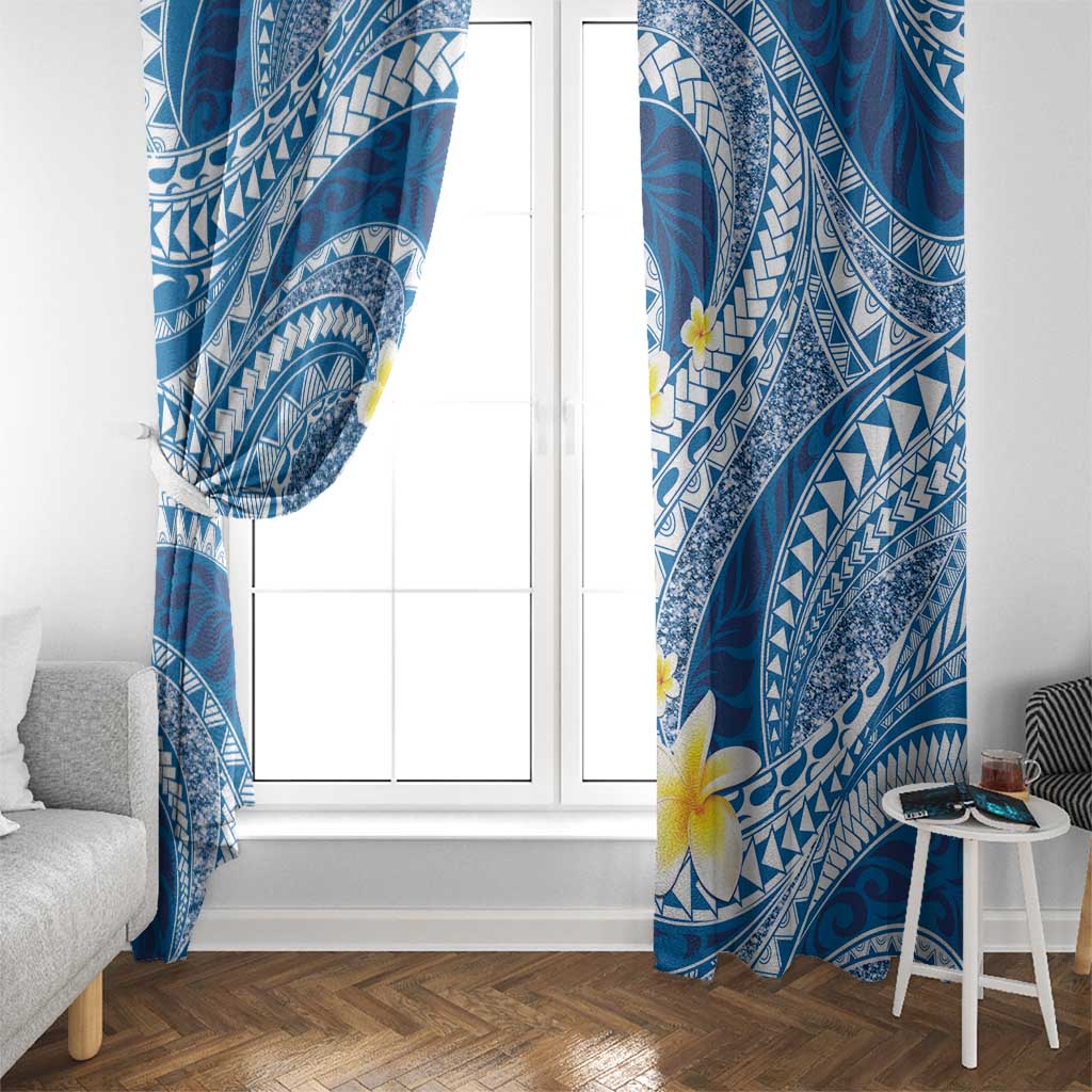Plumeria Polynesian Blue Glitter Pattern Window Curtain
