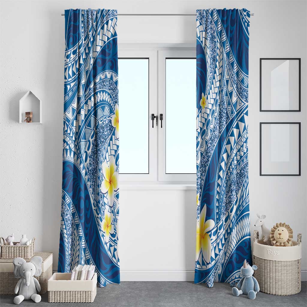 Plumeria Polynesian Blue Glitter Pattern Window Curtain