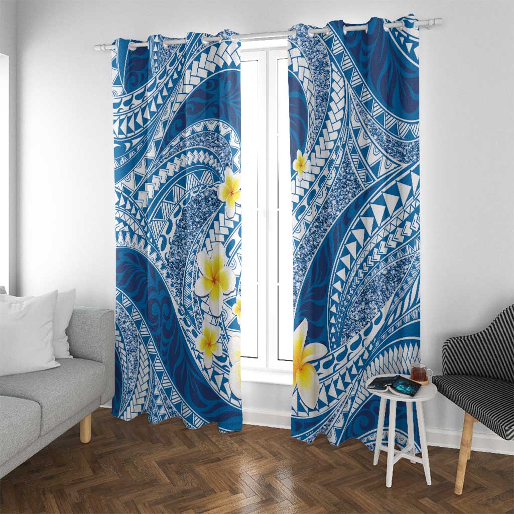 Plumeria Polynesian Blue Glitter Pattern Window Curtain
