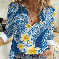 Plumeria Polynesian Blue Glitter Pattern Women Casual Shirt