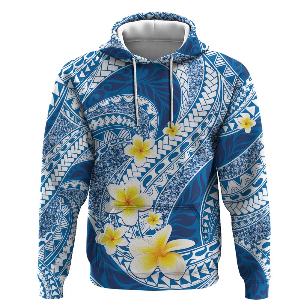 Plumeria Polynesian Blue Glitter Pattern Zip Hoodie