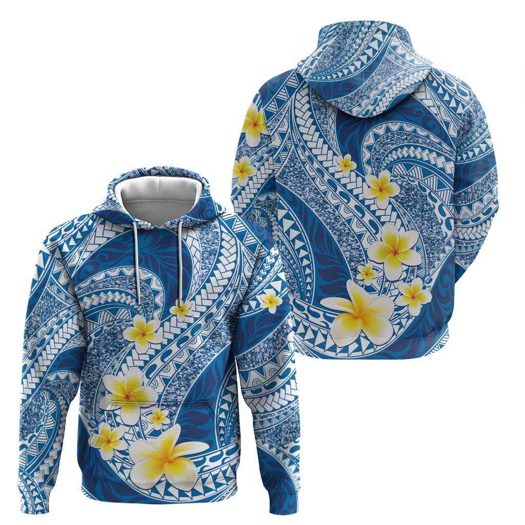 Plumeria Polynesian Blue Glitter Pattern Zip Hoodie