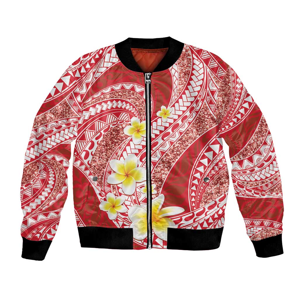 Plumeria Polynesian Coral Glitter Pattern Bomber Jacket