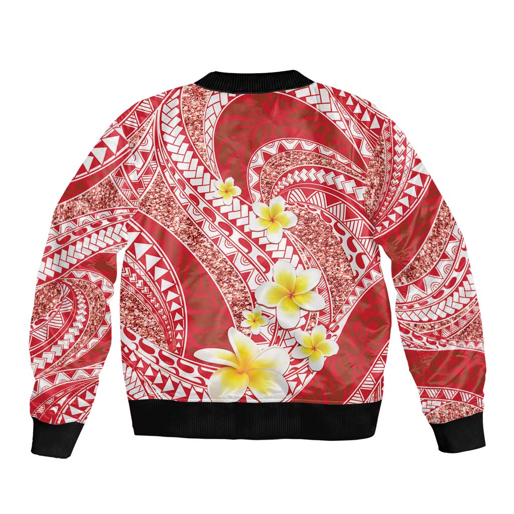 Plumeria Polynesian Coral Glitter Pattern Bomber Jacket