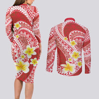 Plumeria Polynesian Coral Glitter Pattern Couples Matching Long Sleeve Bodycon Dress and Long Sleeve Button Shirt