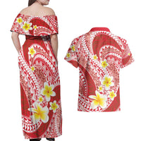 Plumeria Polynesian Coral Glitter Pattern Couples Matching Off Shoulder Maxi Dress and Hawaiian Shirt