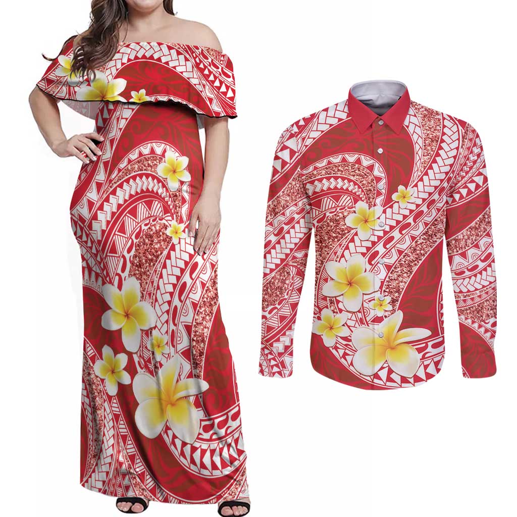 Plumeria Polynesian Coral Glitter Pattern Couples Matching Off Shoulder Maxi Dress and Long Sleeve Button Shirt