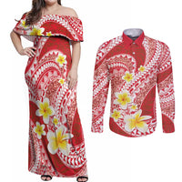 Plumeria Polynesian Coral Glitter Pattern Couples Matching Off Shoulder Maxi Dress and Long Sleeve Button Shirt