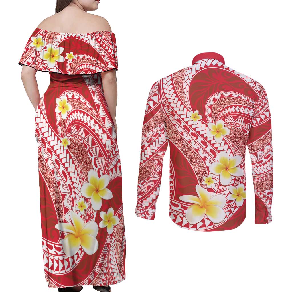 Plumeria Polynesian Coral Glitter Pattern Couples Matching Off Shoulder Maxi Dress and Long Sleeve Button Shirt
